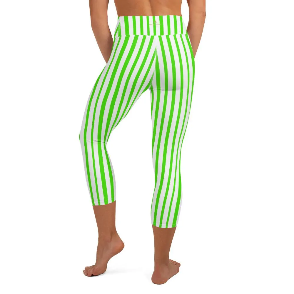 Green Striped Yoga Capri Leggings, White Vertical Striped Circus Tights- Made in USA/EU