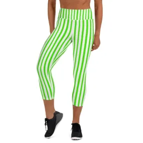 Green Striped Yoga Capri Leggings, White Vertical Striped Circus Tights- Made in USA/EU