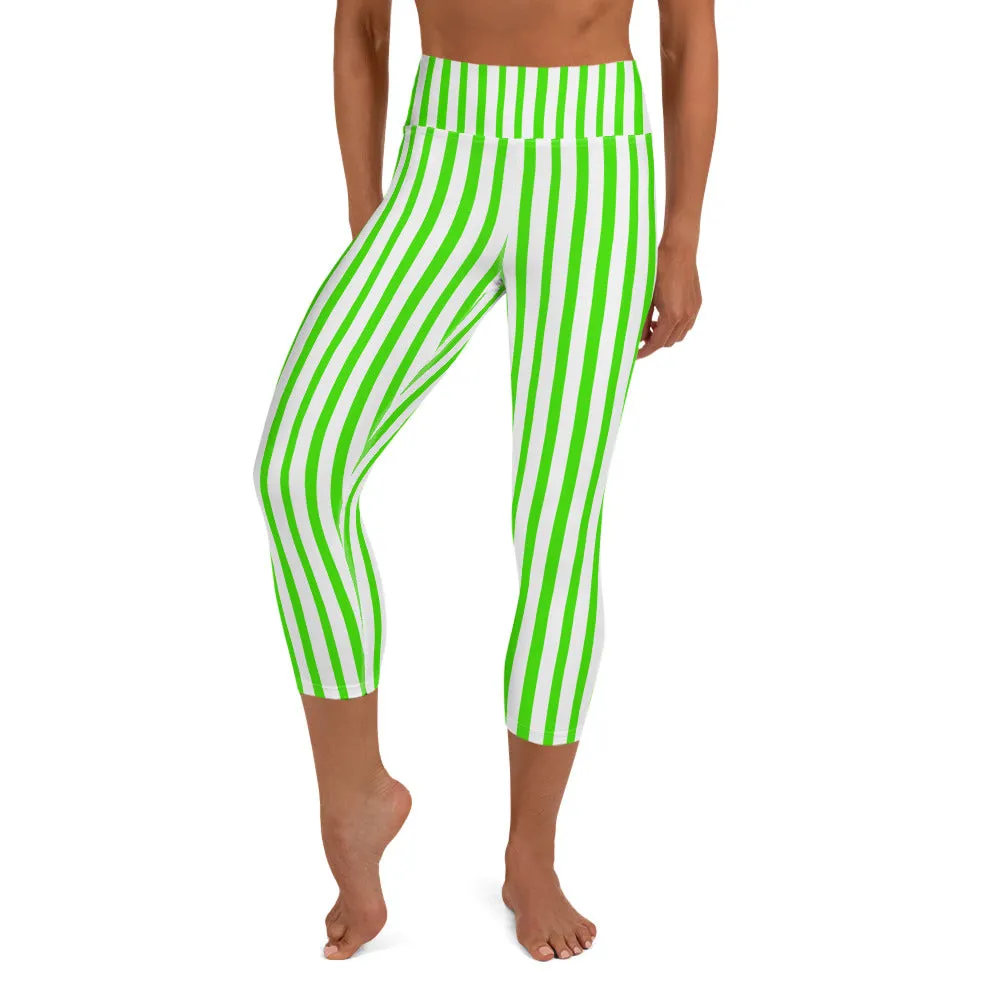 Green Striped Yoga Capri Leggings, White Vertical Striped Circus Tights- Made in USA/EU