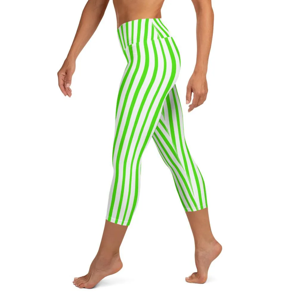 Green Striped Yoga Capri Leggings, White Vertical Striped Circus Tights- Made in USA/EU