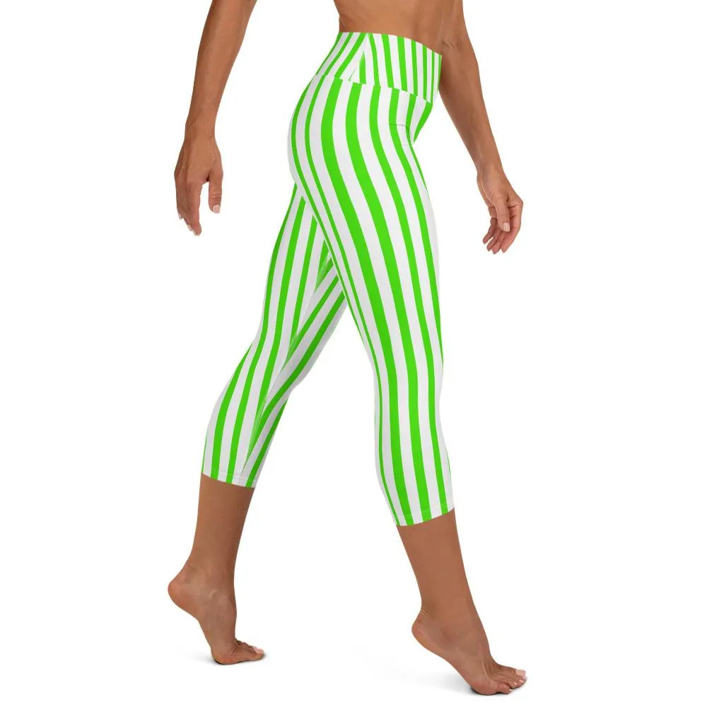 Green Striped Yoga Capri Leggings, White Vertical Striped Circus Tights- Made in USA/EU