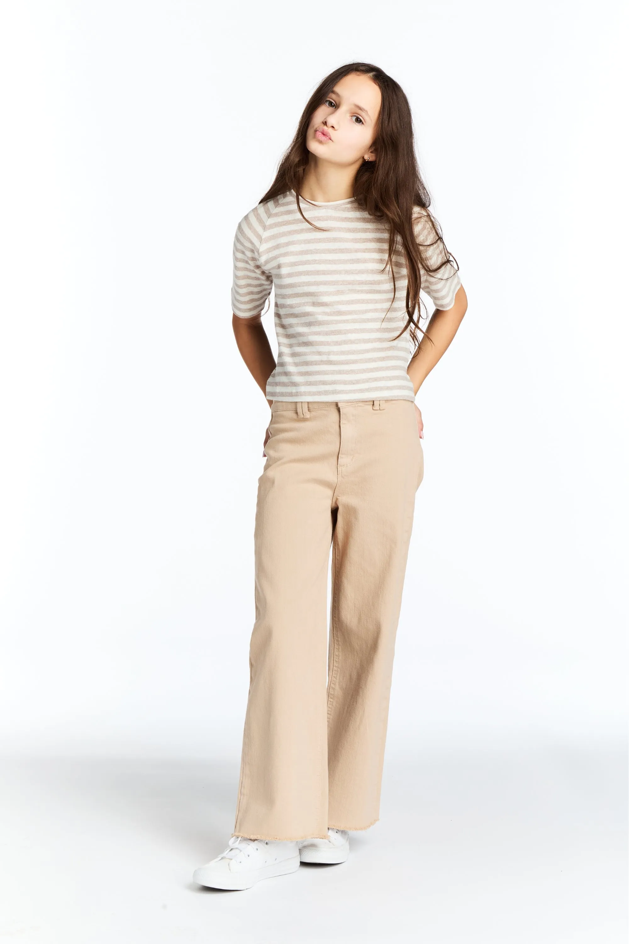 High Rise Flat Front Wide Leg Ankle Crop W Raw Hem