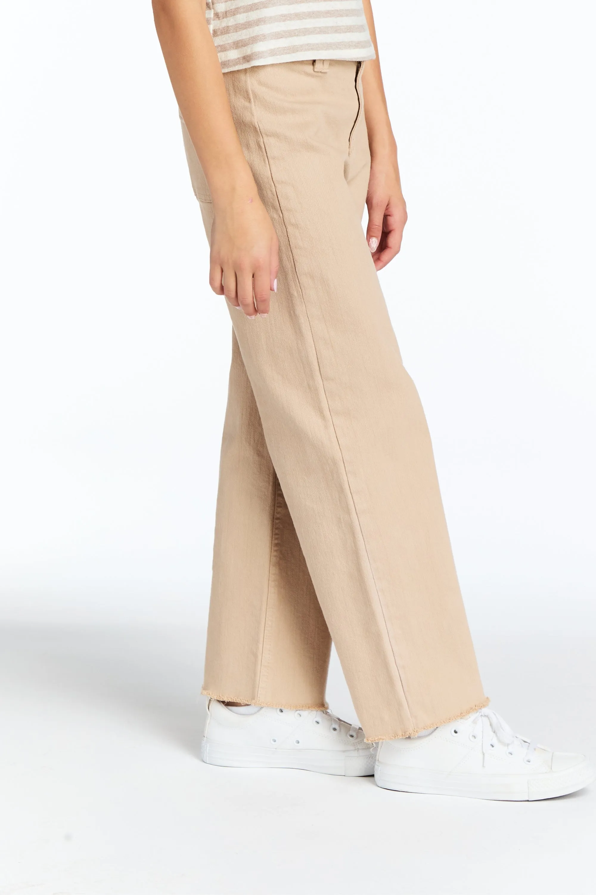 High Rise Flat Front Wide Leg Ankle Crop W Raw Hem