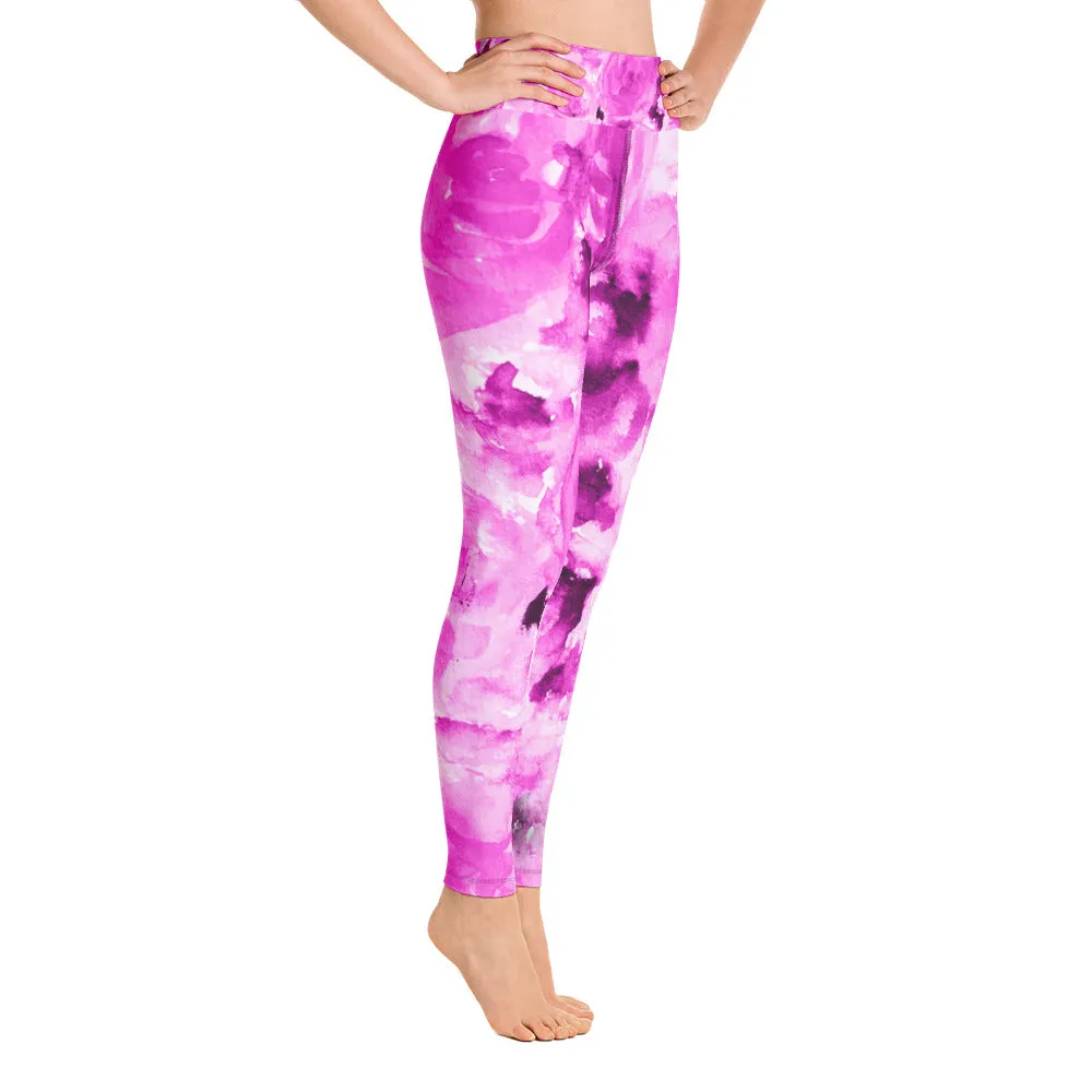 Hot Pink Floral Women's Leggings, Abstract Rose Print Long Yoga Pants - Made in USA/EU