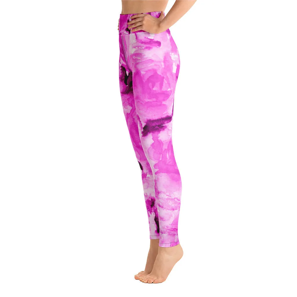 Hot Pink Floral Women's Leggings, Abstract Rose Print Long Yoga Pants - Made in USA/EU