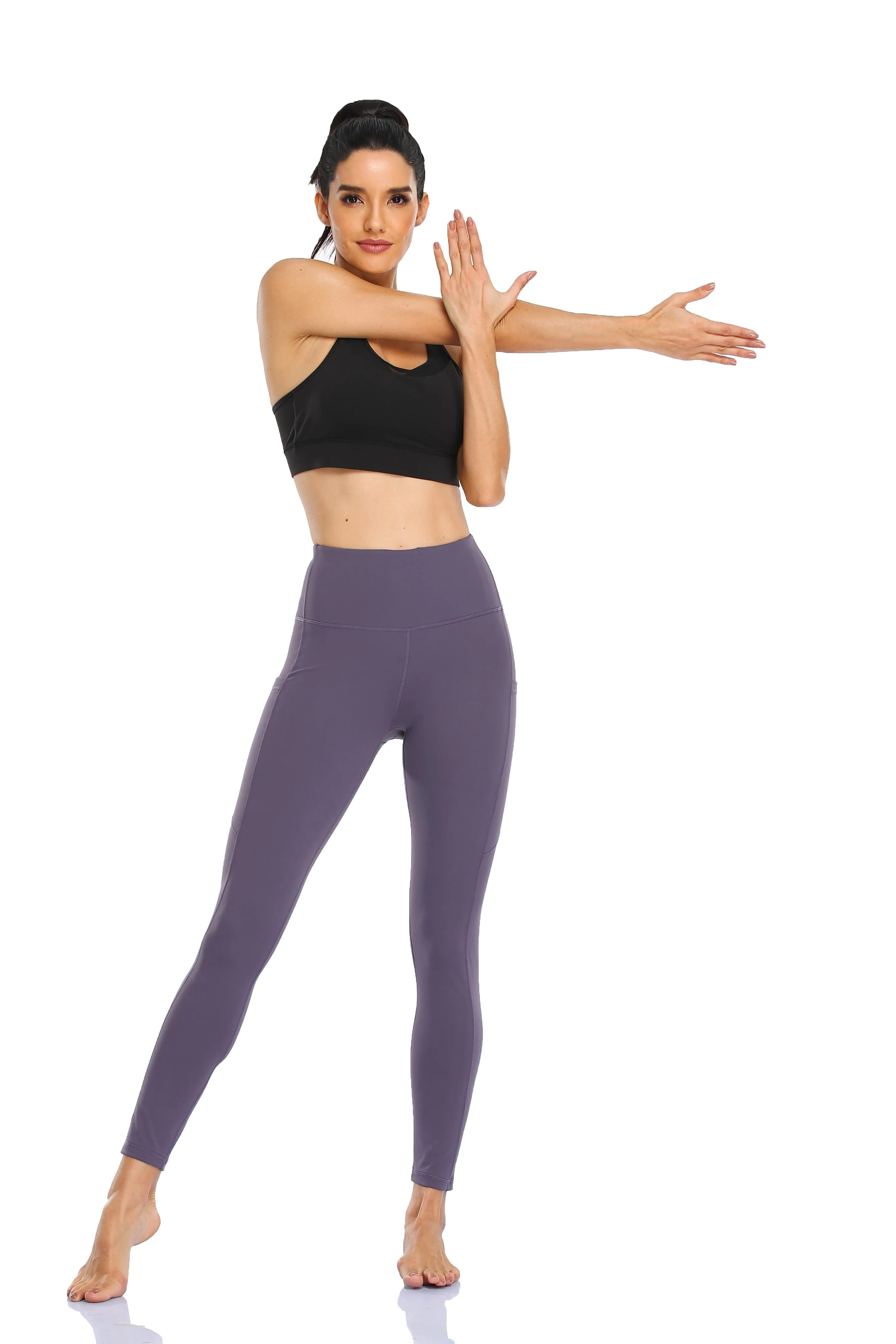 HZORI®|Women's High Waist Yoga Leggings with Pocket Tummy Control Squat Proof Pants Full Length Compression Leggings for Women|Purple