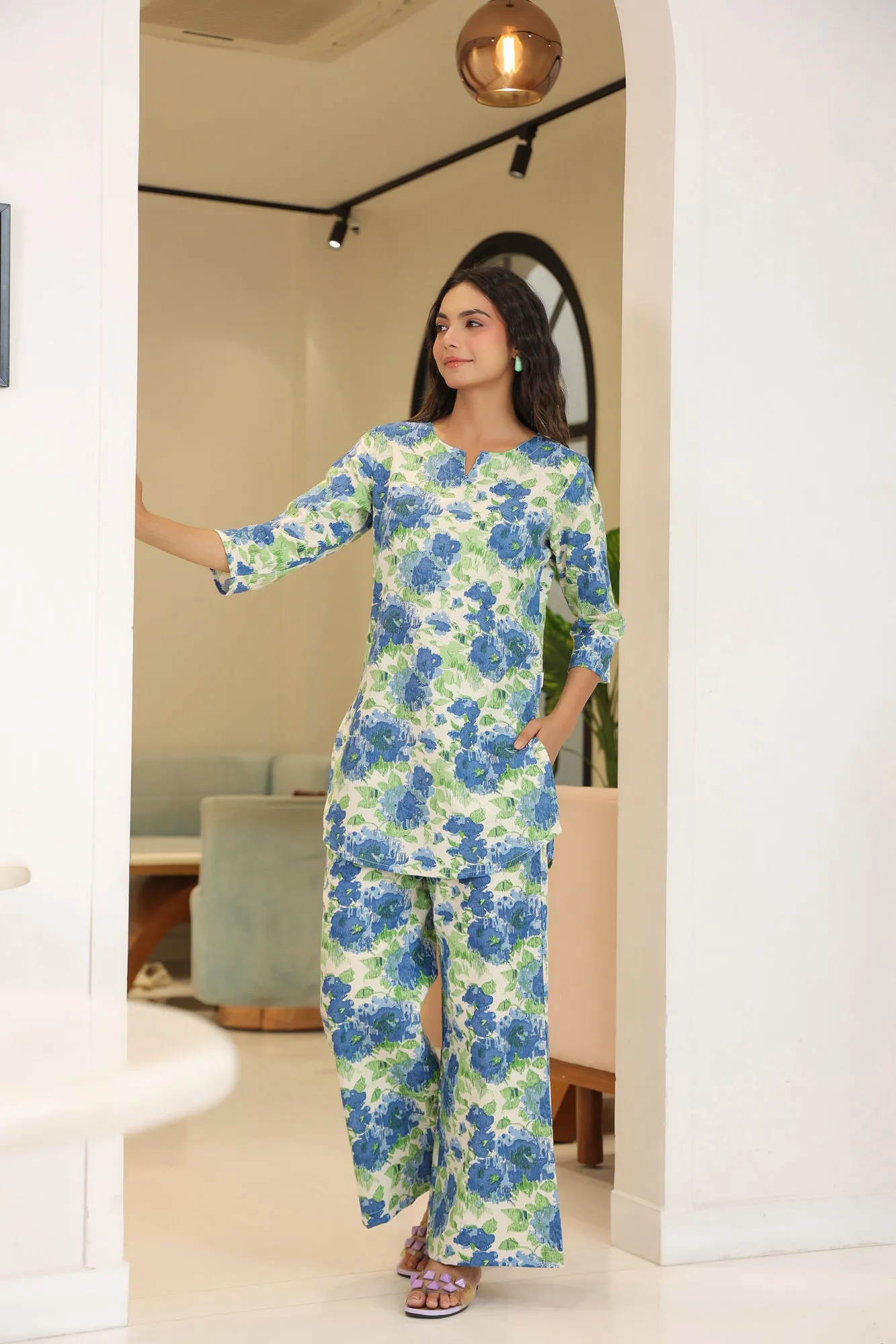 Lumina White Cotton Flex Palazzo Loungewear Set