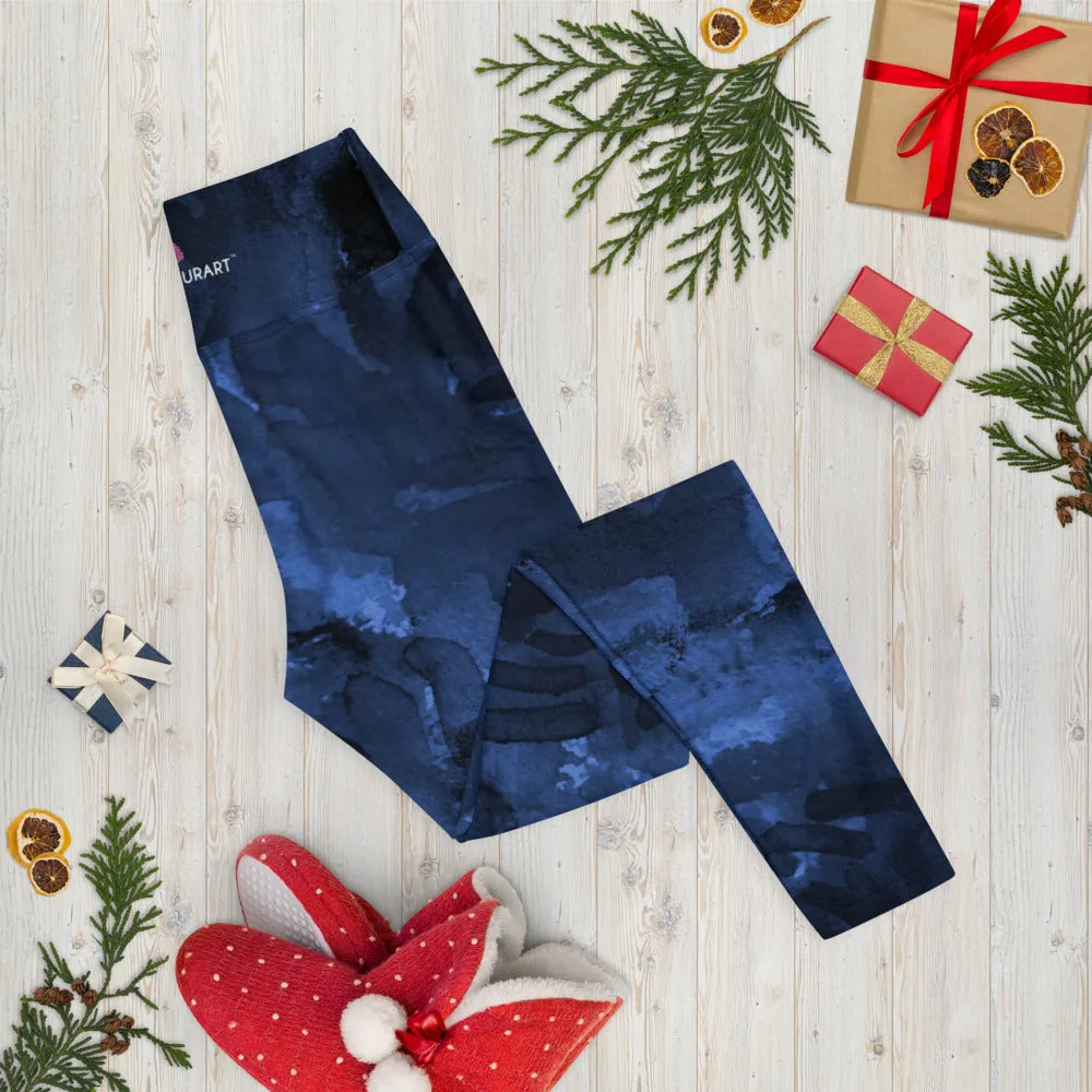 Navy Blue Abstract Yoga Leggings, Long Dark Blue Women's Long Gym Tights-Made in USA/EU/MX