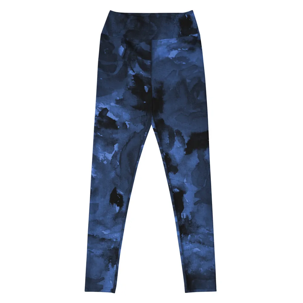 Navy Blue Abstract Yoga Leggings, Long Dark Blue Women's Long Gym Tights-Made in USA/EU/MX