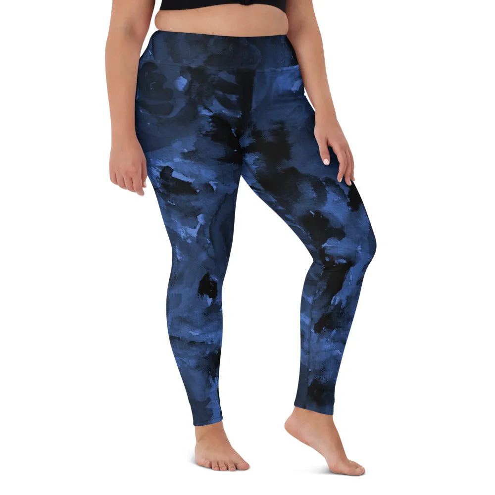 Navy Blue Abstract Yoga Leggings, Long Dark Blue Women's Long Gym Tights-Made in USA/EU/MX