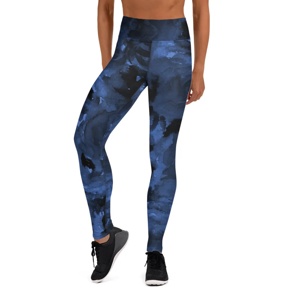 Navy Blue Abstract Yoga Leggings, Long Dark Blue Women's Long Gym Tights-Made in USA/EU/MX