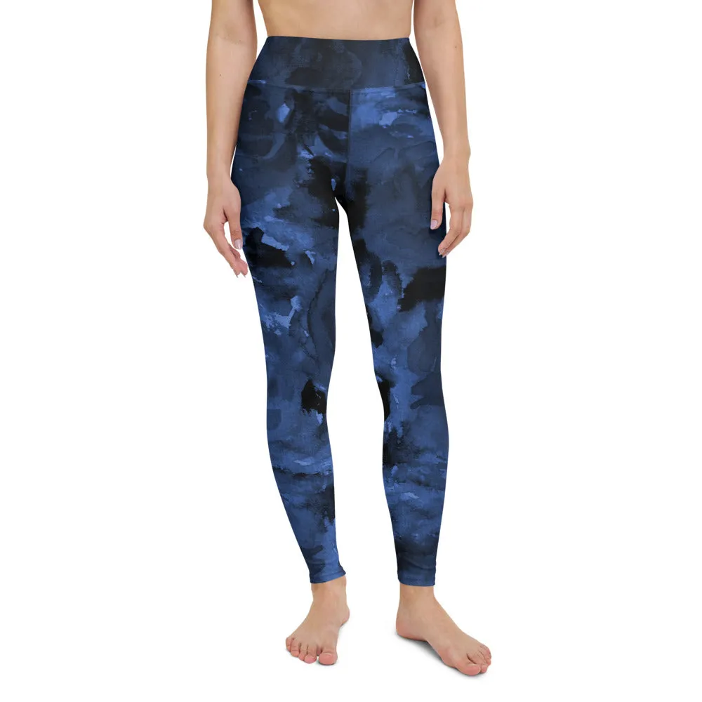 Navy Blue Abstract Yoga Leggings, Long Dark Blue Women's Long Gym Tights-Made in USA/EU/MX