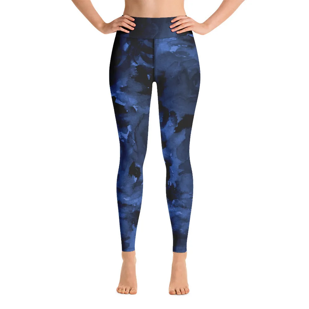 Navy Blue Abstract Yoga Leggings, Long Dark Blue Women's Long Gym Tights-Made in USA/EU/MX