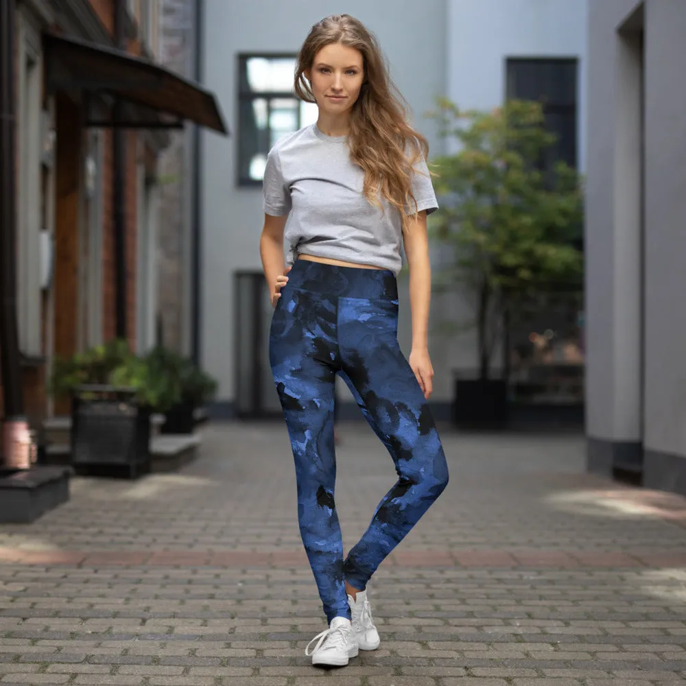 Navy Blue Abstract Yoga Leggings, Long Dark Blue Women's Long Gym Tights-Made in USA/EU/MX