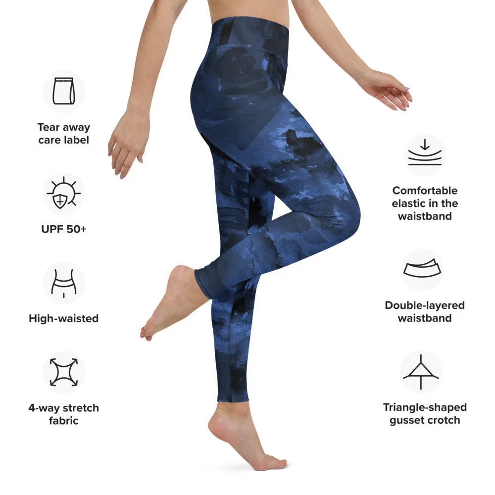 Navy Blue Abstract Yoga Leggings, Long Dark Blue Women's Long Gym Tights-Made in USA/EU/MX