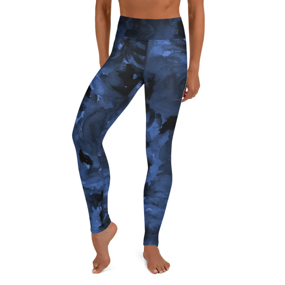 Navy Blue Abstract Yoga Leggings, Long Dark Blue Women's Long Gym Tights-Made in USA/EU/MX