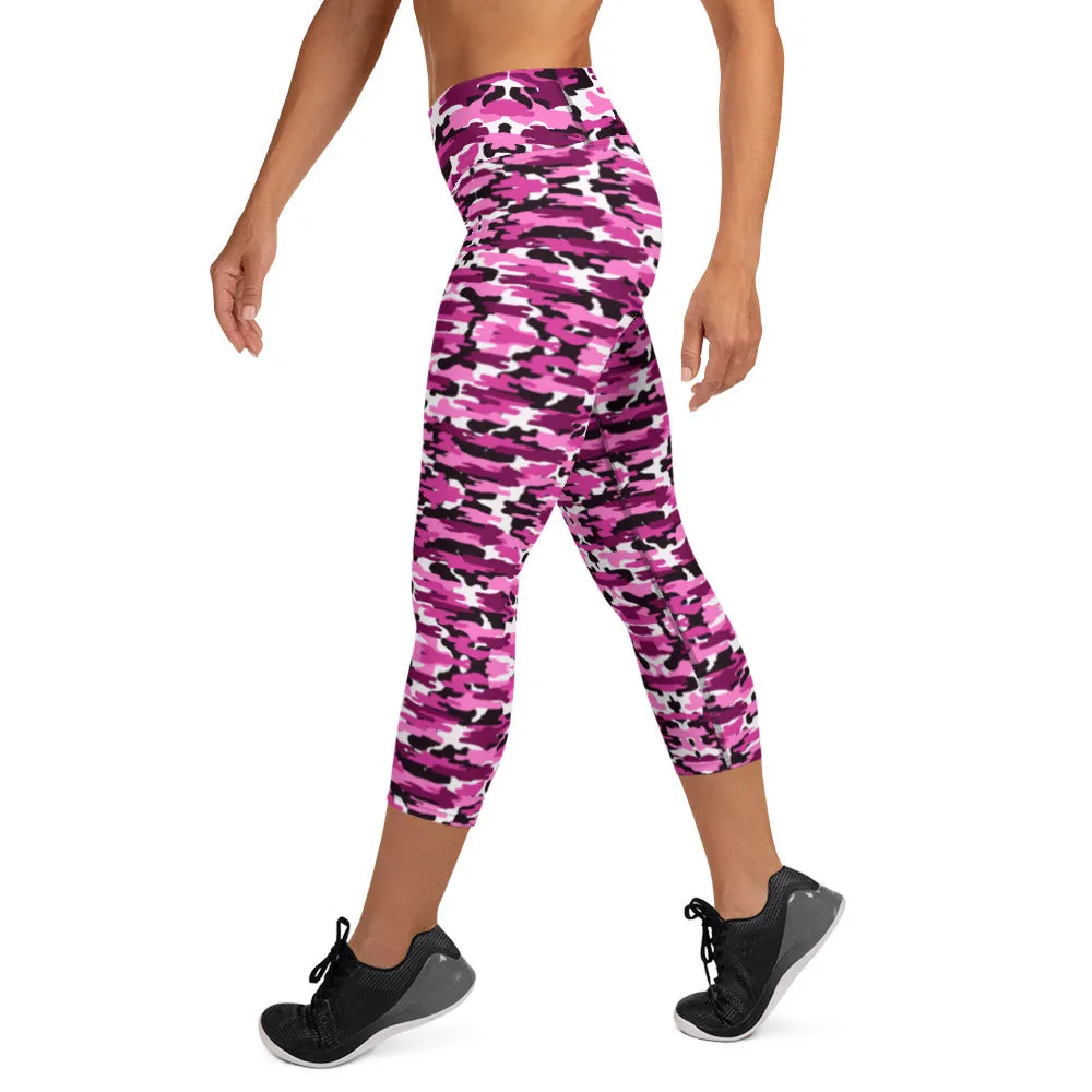 Pink Camo Yoga Capri Leggings, Camouflaged Women's Capris Tights For Women-Made in USA/EU