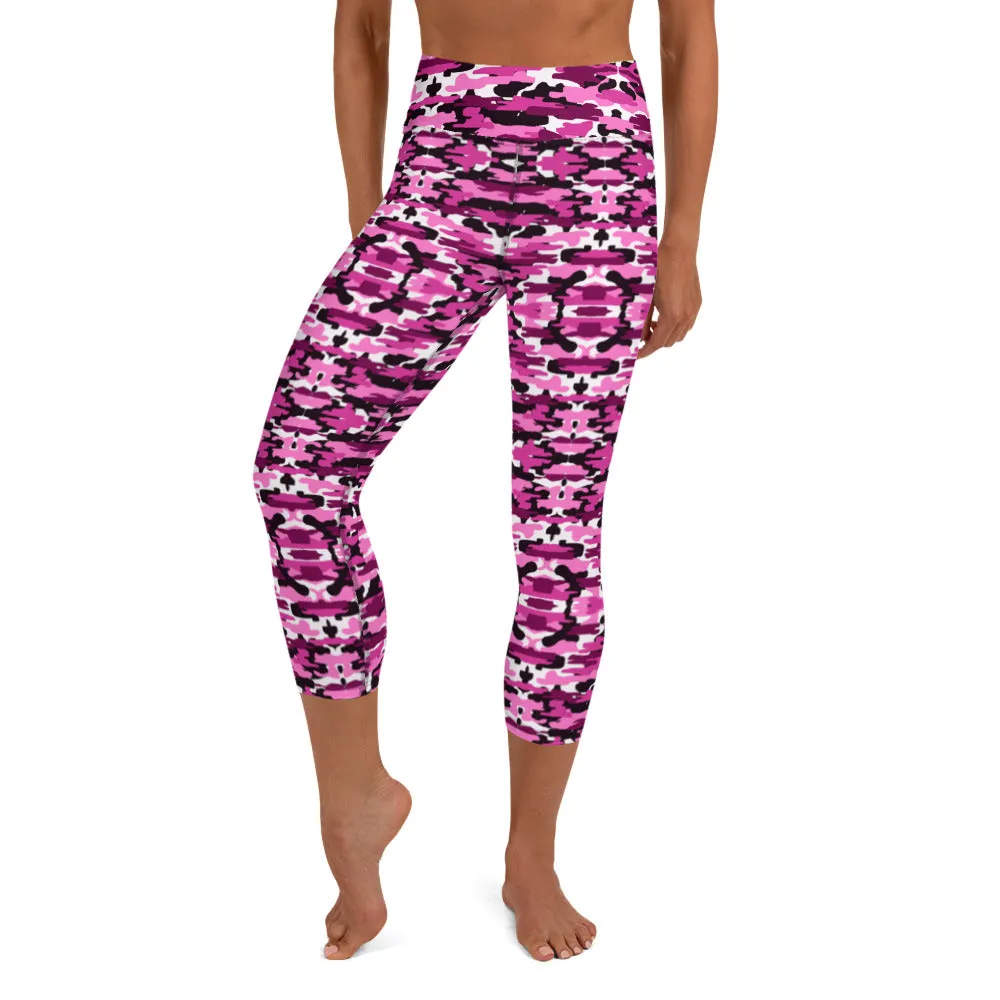 Pink Camo Yoga Capri Leggings, Camouflaged Women's Capris Tights For Women-Made in USA/EU