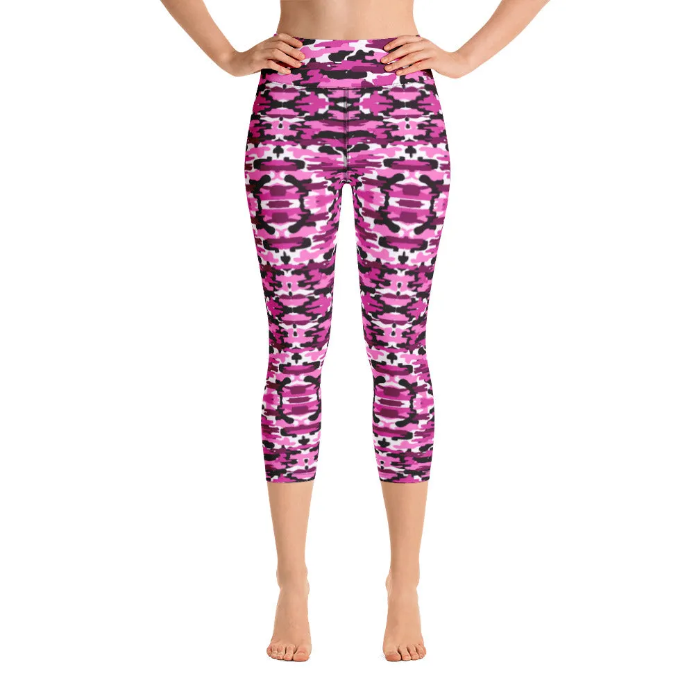 Pink Camo Yoga Capri Leggings, Camouflaged Women's Capris Tights For Women-Made in USA/EU