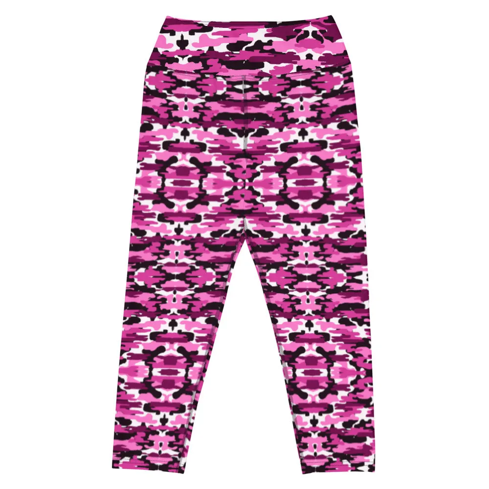 Pink Camo Yoga Capri Leggings, Camouflaged Women's Capris Tights For Women-Made in USA/EU