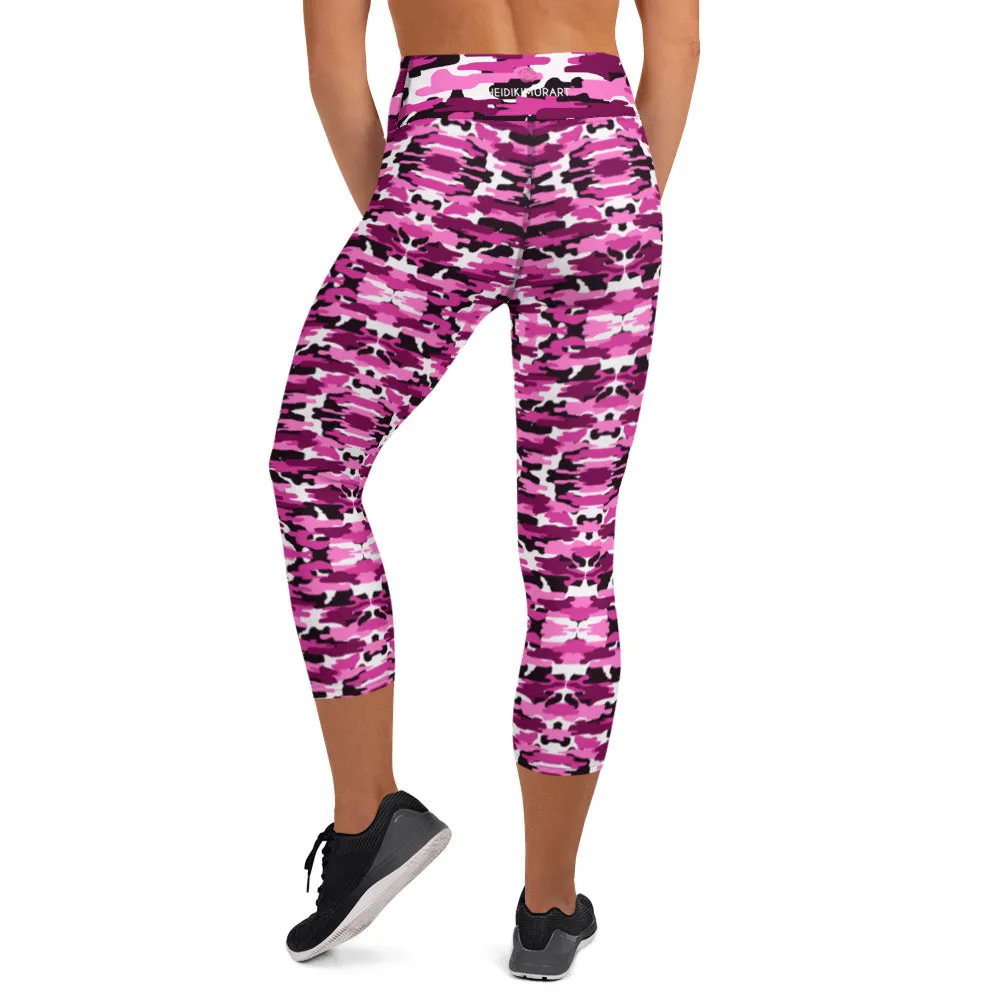 Pink Camo Yoga Capri Leggings, Camouflaged Women's Capris Tights For Women-Made in USA/EU