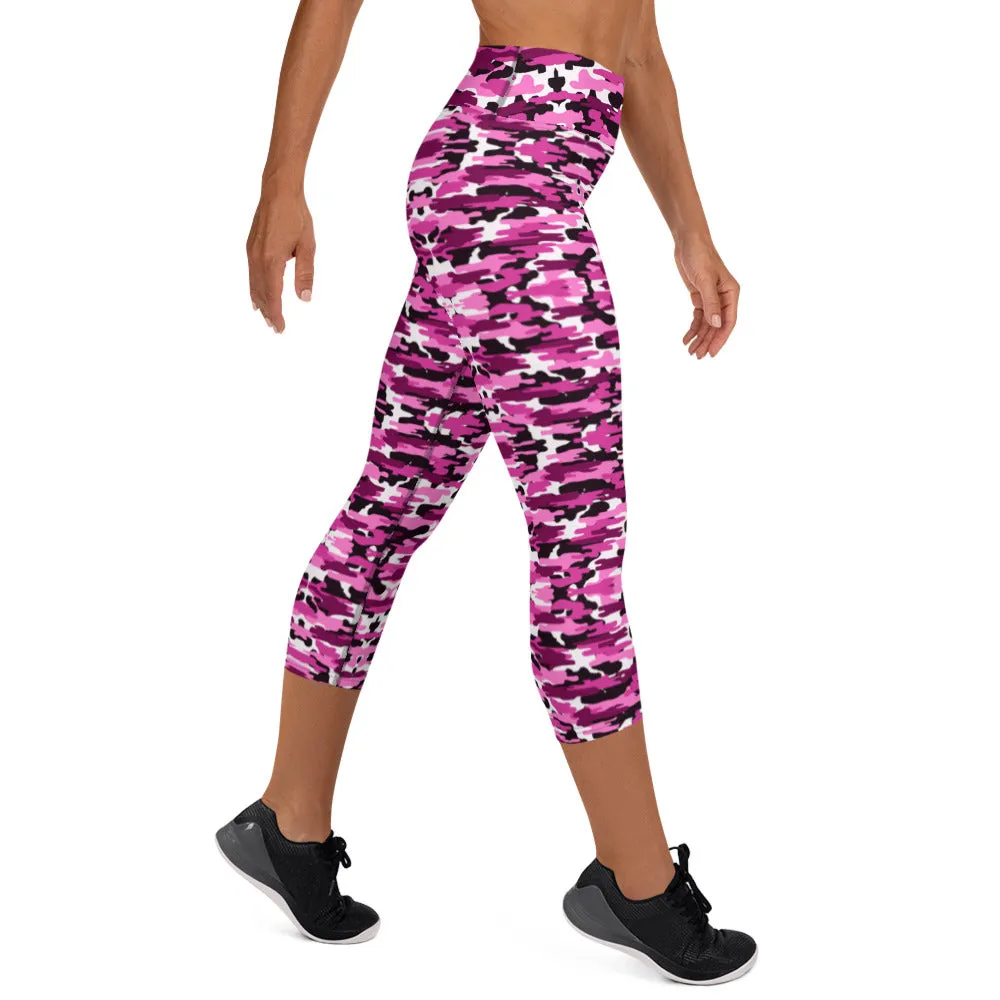 Pink Camo Yoga Capri Leggings, Camouflaged Women's Capris Tights For Women-Made in USA/EU