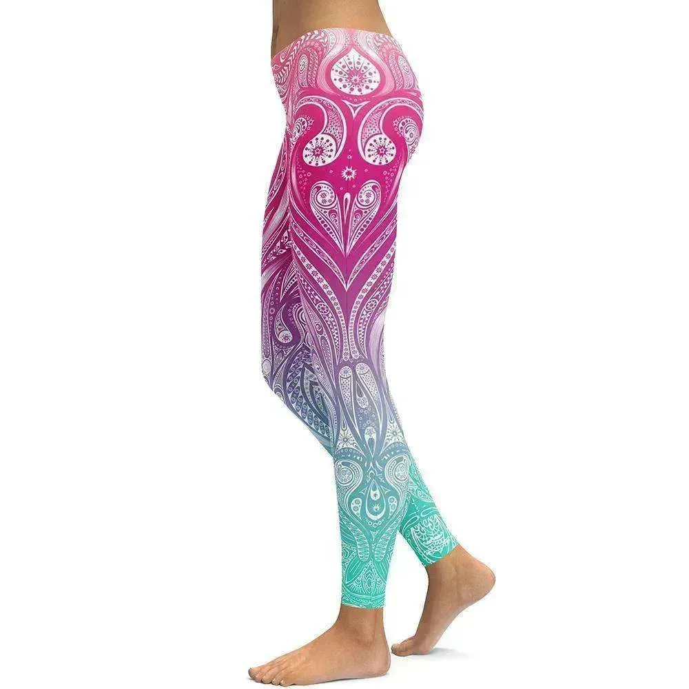 Pink Turquoise Mandala Weave Yoga/Workout Leggings