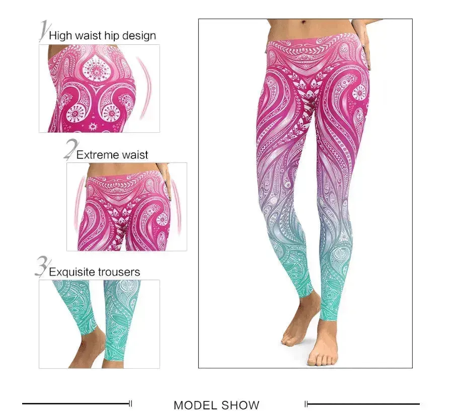 Pink Turquoise Mandala Weave Yoga/Workout Leggings