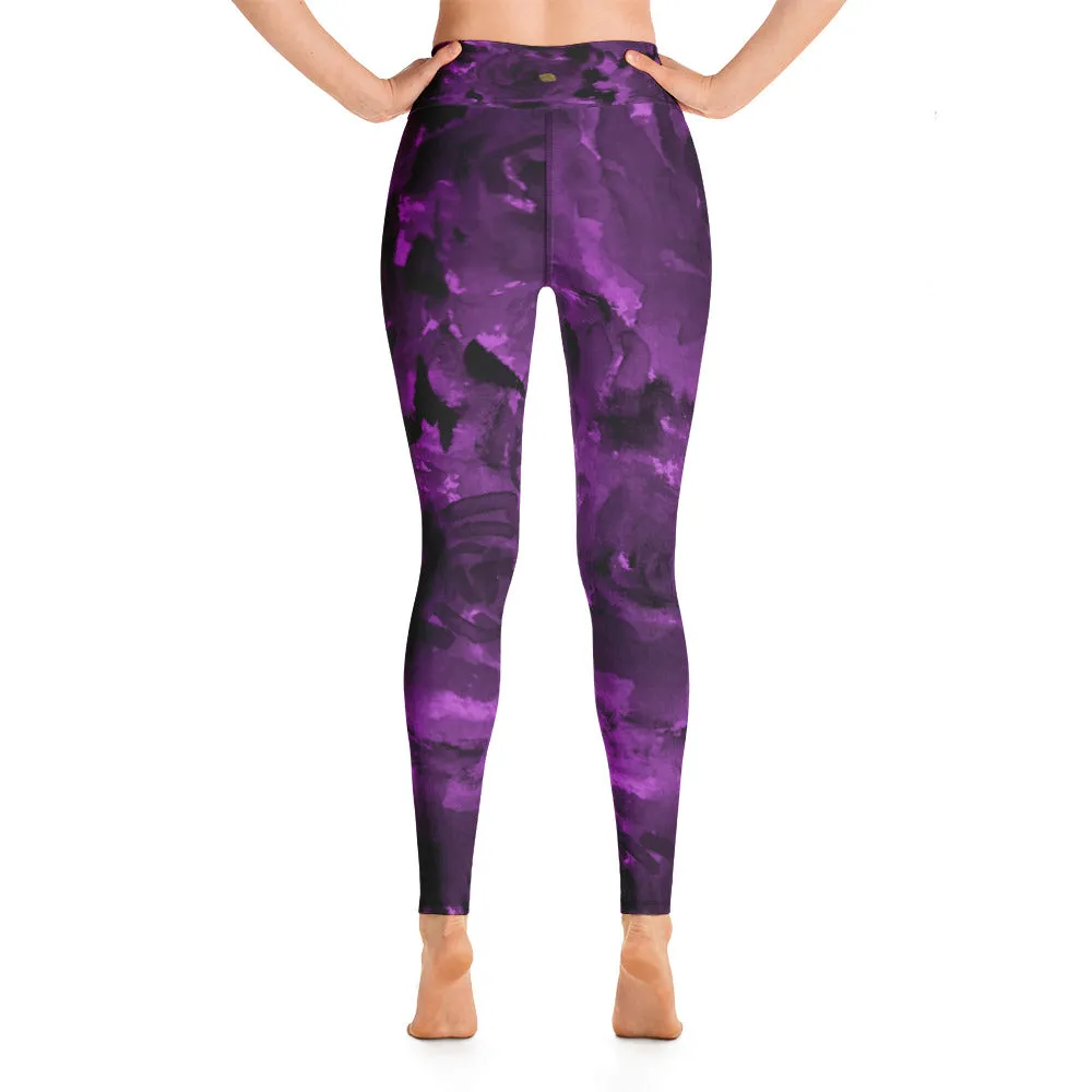 Purple Floral Women's Leggings, Rose Print Long Yoga Pants Gym Tights - Made in USA/EU