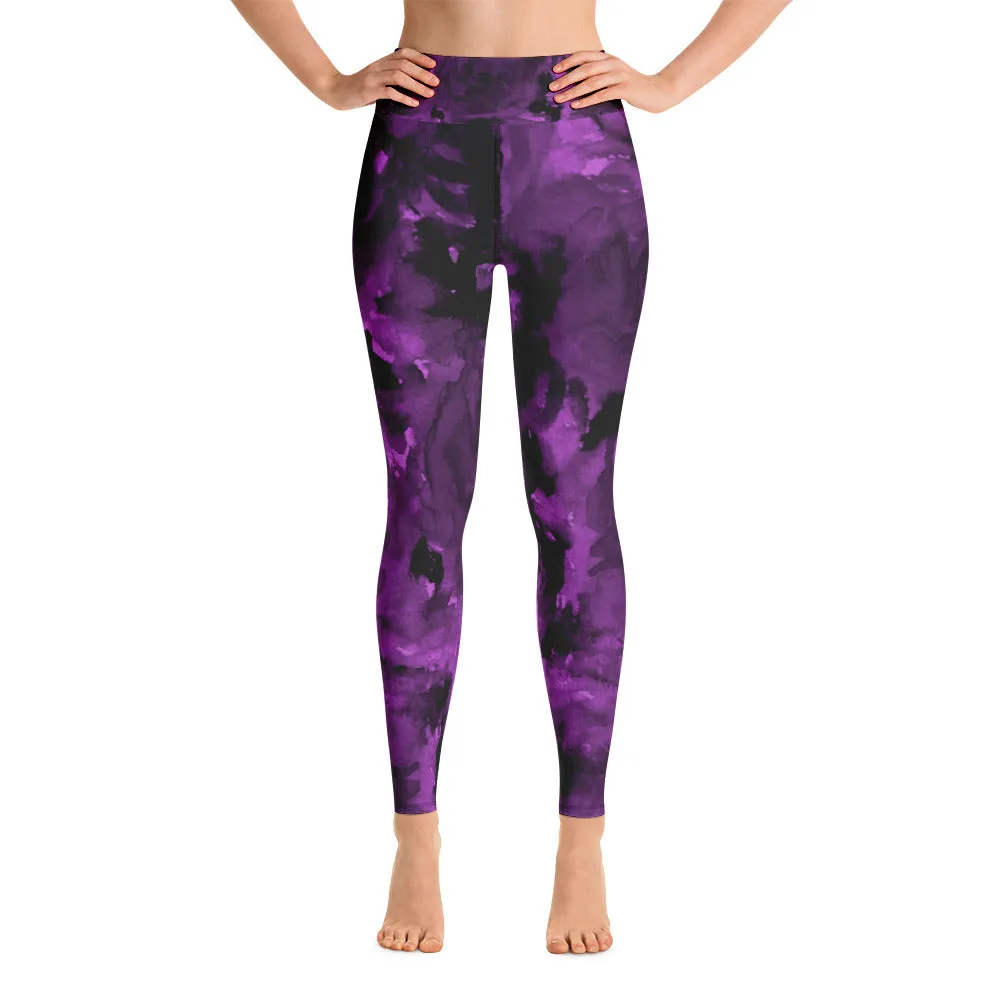 Purple Floral Women's Leggings, Rose Print Long Yoga Pants Gym Tights - Made in USA/EU