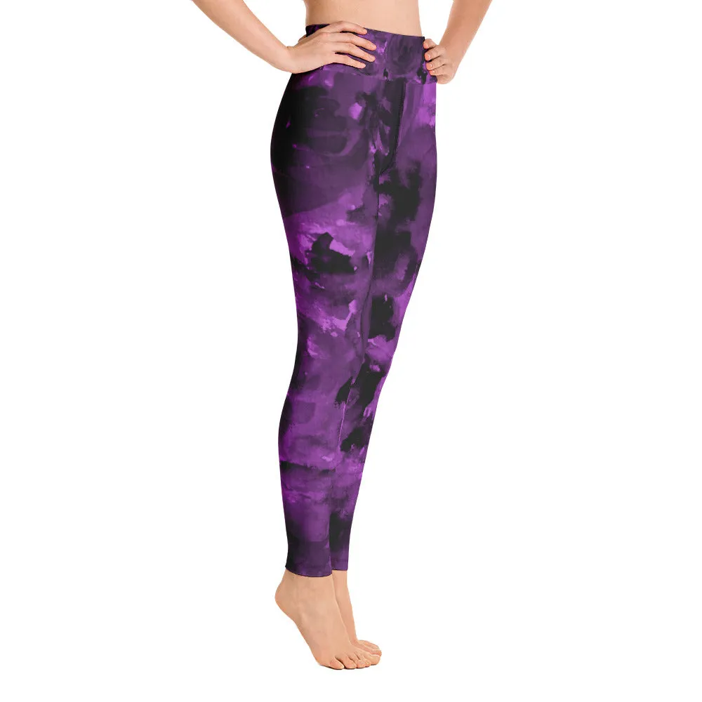 Purple Floral Women's Leggings, Rose Print Long Yoga Pants Gym Tights - Made in USA/EU