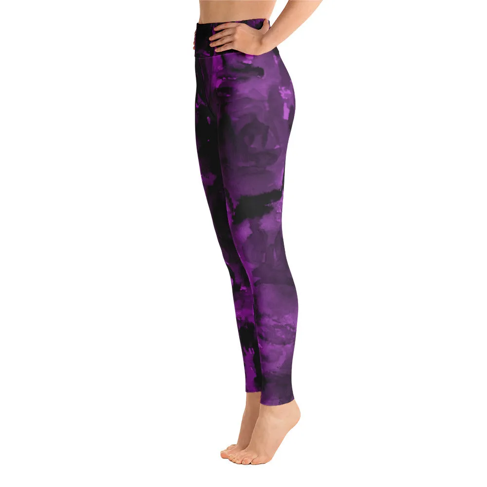 Purple Floral Women's Leggings, Rose Print Long Yoga Pants Gym Tights - Made in USA/EU