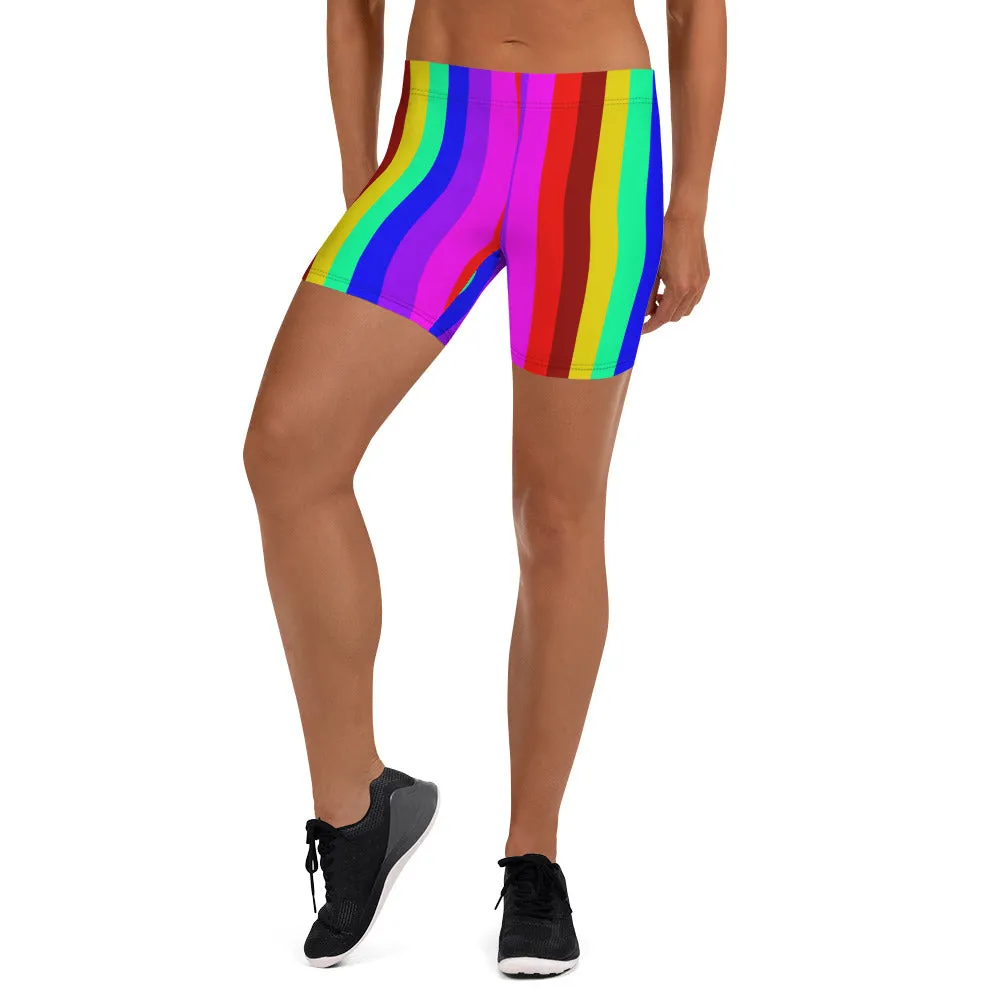 Rainbow Stretchy Shorts, Vertical Striped Gay Pride Parade Short Tights-Made in USA/EU