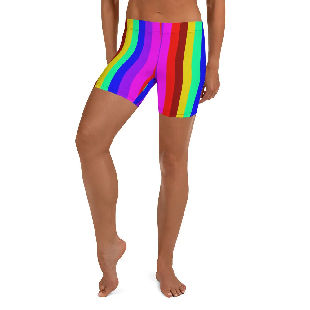 Rainbow Stretchy Shorts, Vertical Striped Gay Pride Parade Short Tights-Made in USA/EU