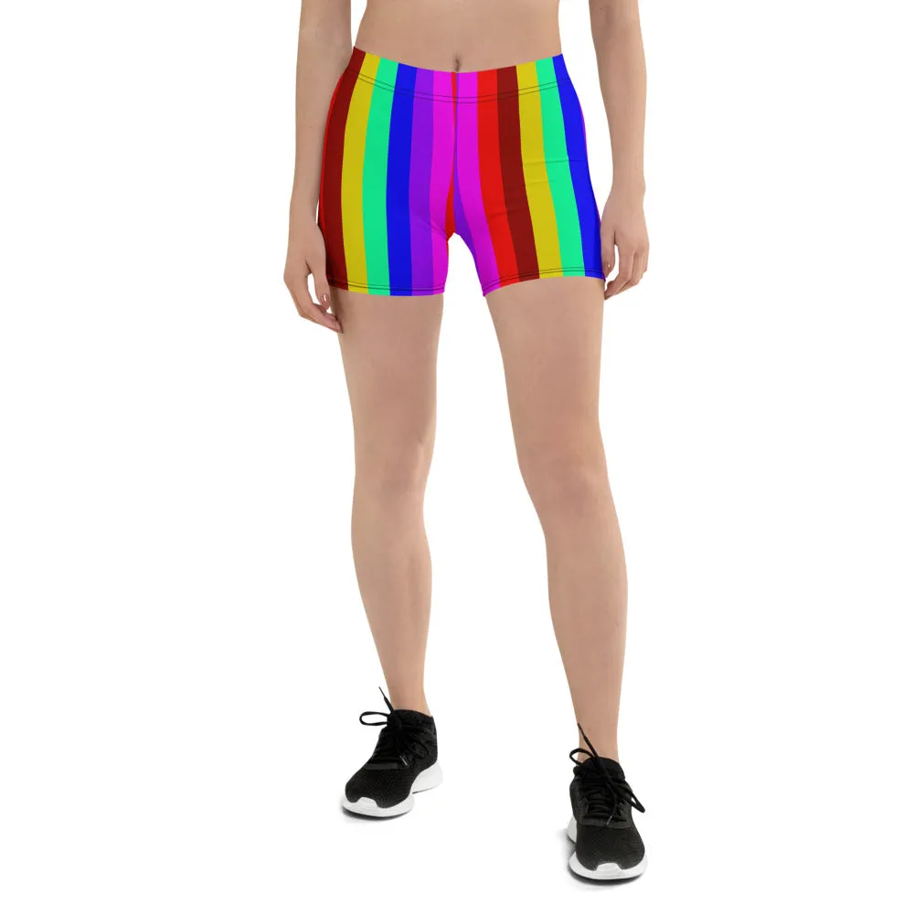 Rainbow Stretchy Shorts, Vertical Striped Gay Pride Parade Short Tights-Made in USA/EU