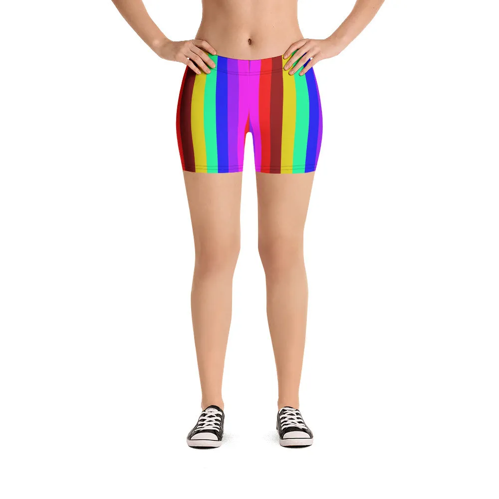 Rainbow Stretchy Shorts, Vertical Striped Gay Pride Parade Short Tights-Made in USA/EU