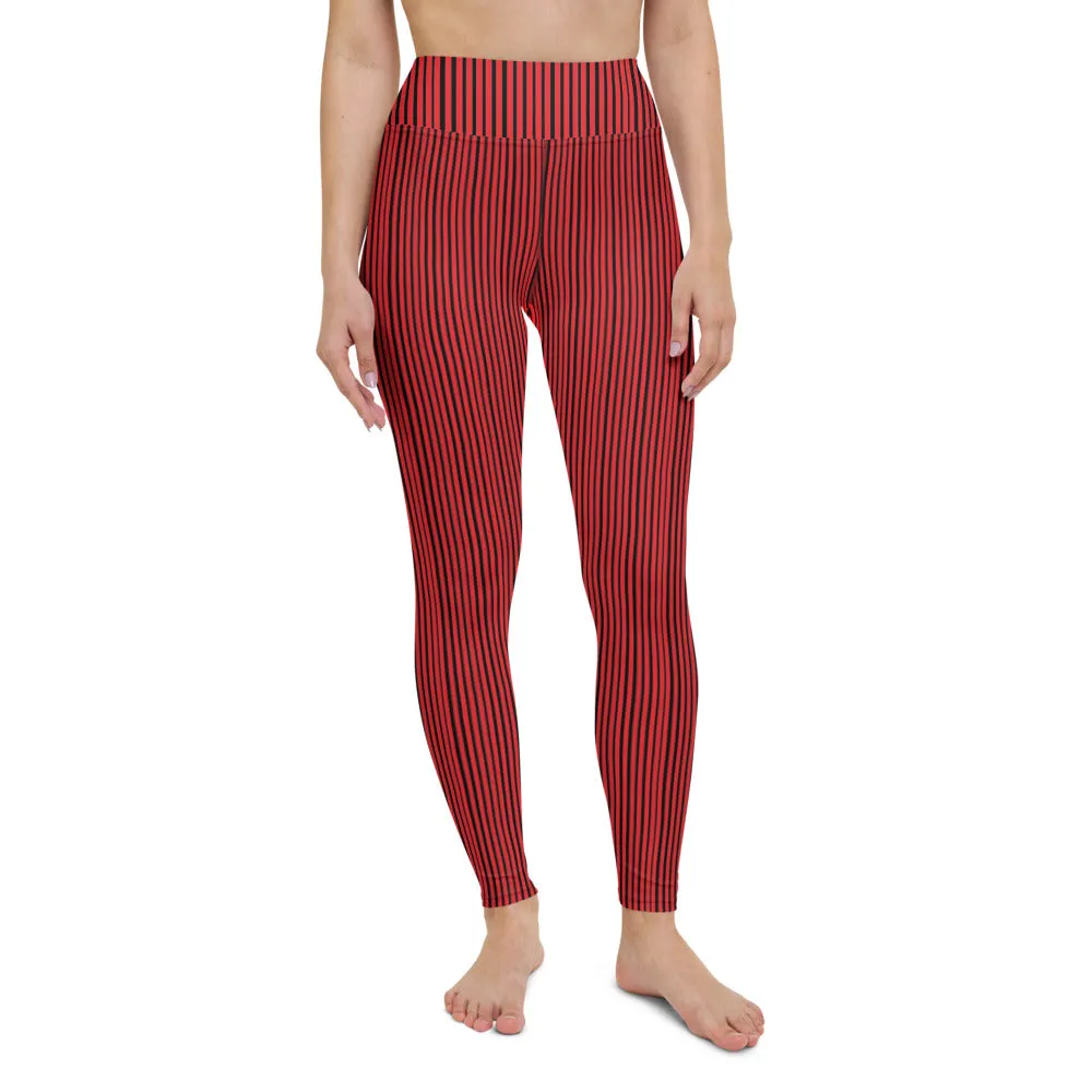 Red Black Striped Yoga Leggings, Long Vertically Stripes Circus Tights For Women-Made in USA/EU