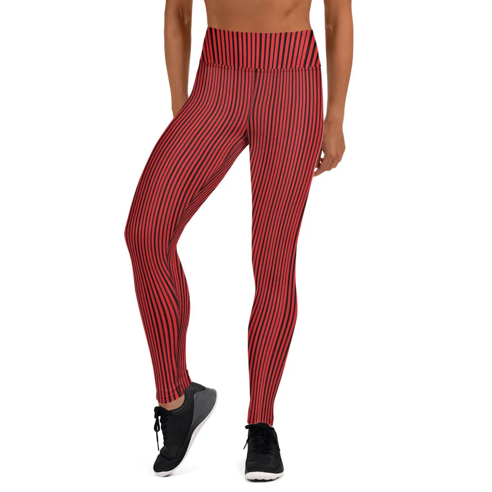 Red Black Striped Yoga Leggings, Long Vertically Stripes Circus Tights For Women-Made in USA/EU