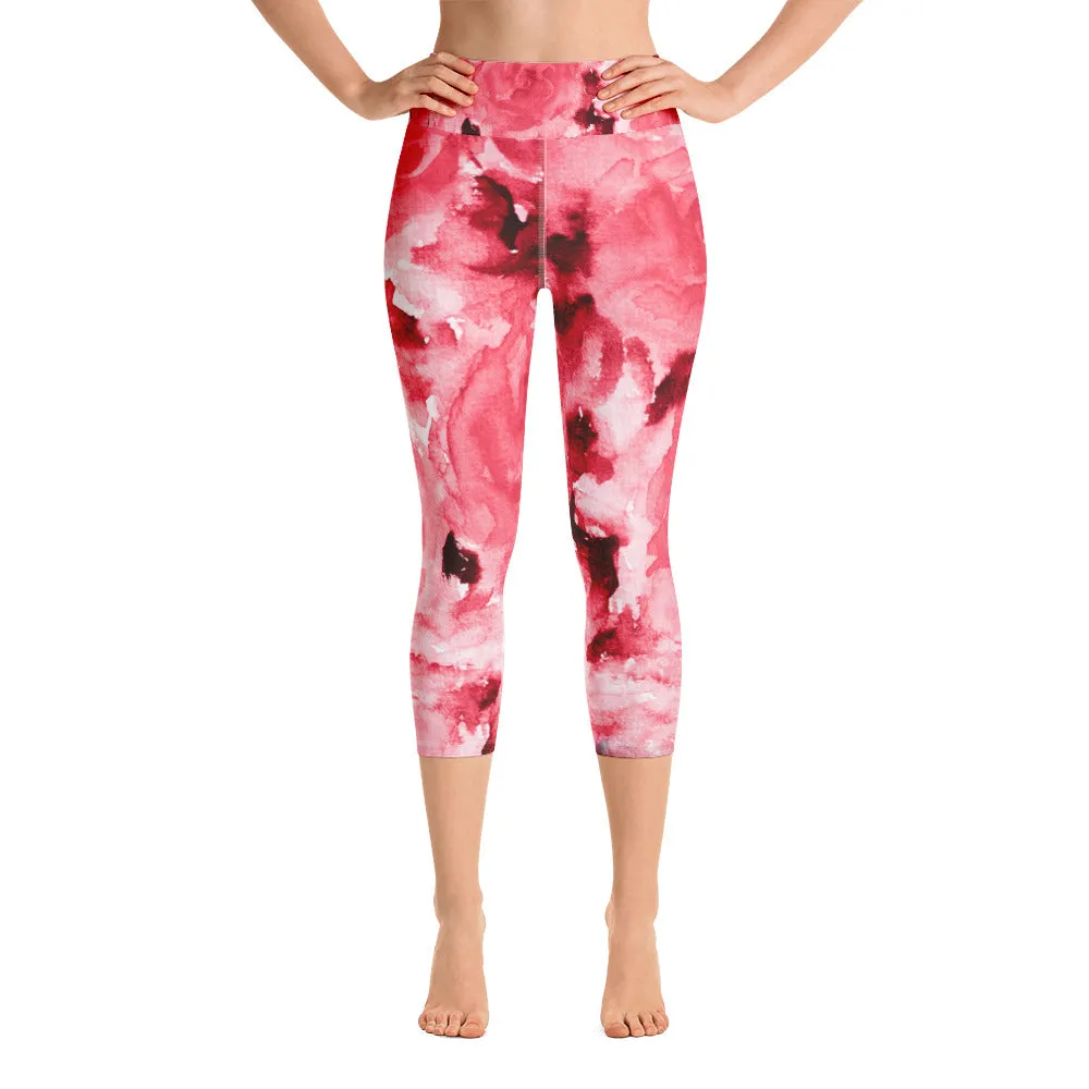 Red Floral Capris Tights, Best Passionate Red Rose Floral Print Capri Leggings Women's Yoga Pants - Made in USA