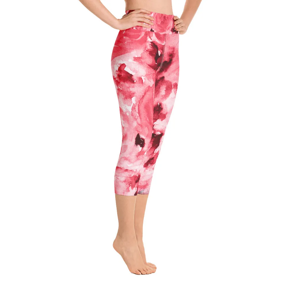 Red Floral Capris Tights, Best Passionate Red Rose Floral Print Capri Leggings Women's Yoga Pants - Made in USA