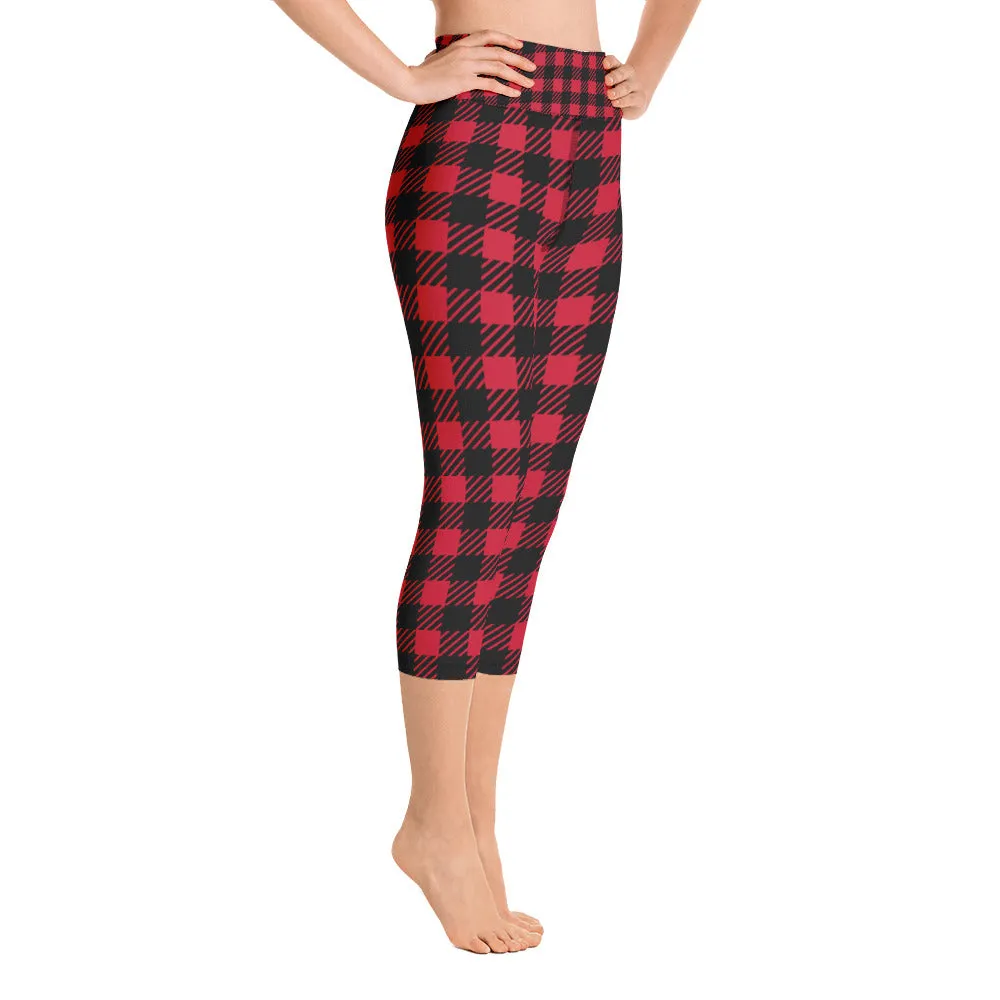 Red Plaid Yoga Capri Leggings, Red Black Buffalo Plaid Printed Tights For Ladies-Made in USA/EU/MX