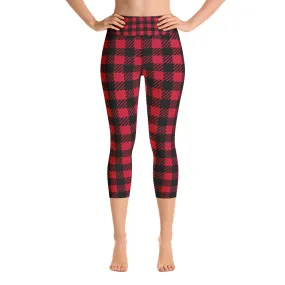 Red Plaid Yoga Capri Leggings, Red Black Buffalo Plaid Printed Tights For Ladies-Made in USA/EU/MX