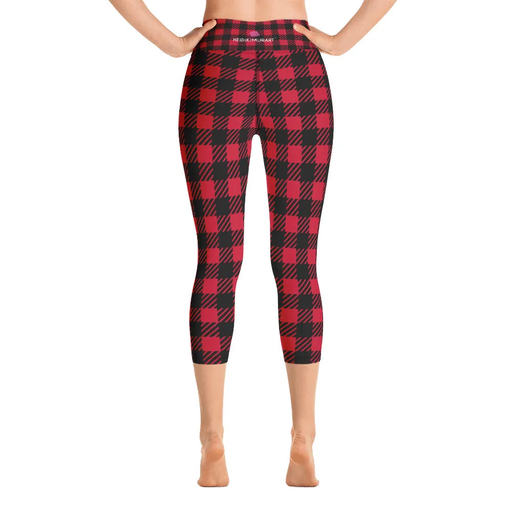 Red Plaid Yoga Capri Leggings, Red Black Buffalo Plaid Printed Tights For Ladies-Made in USA/EU/MX