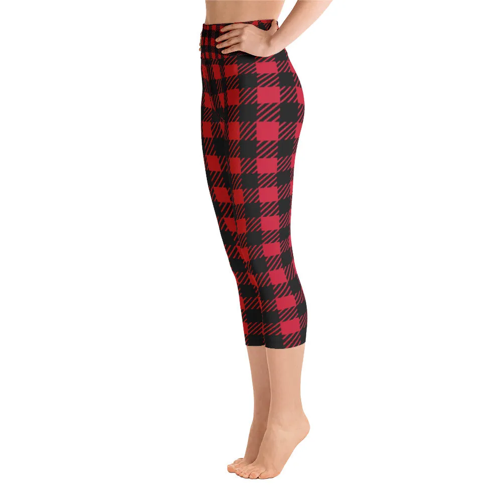 Red Plaid Yoga Capri Leggings, Red Black Buffalo Plaid Printed Tights For Ladies-Made in USA/EU/MX