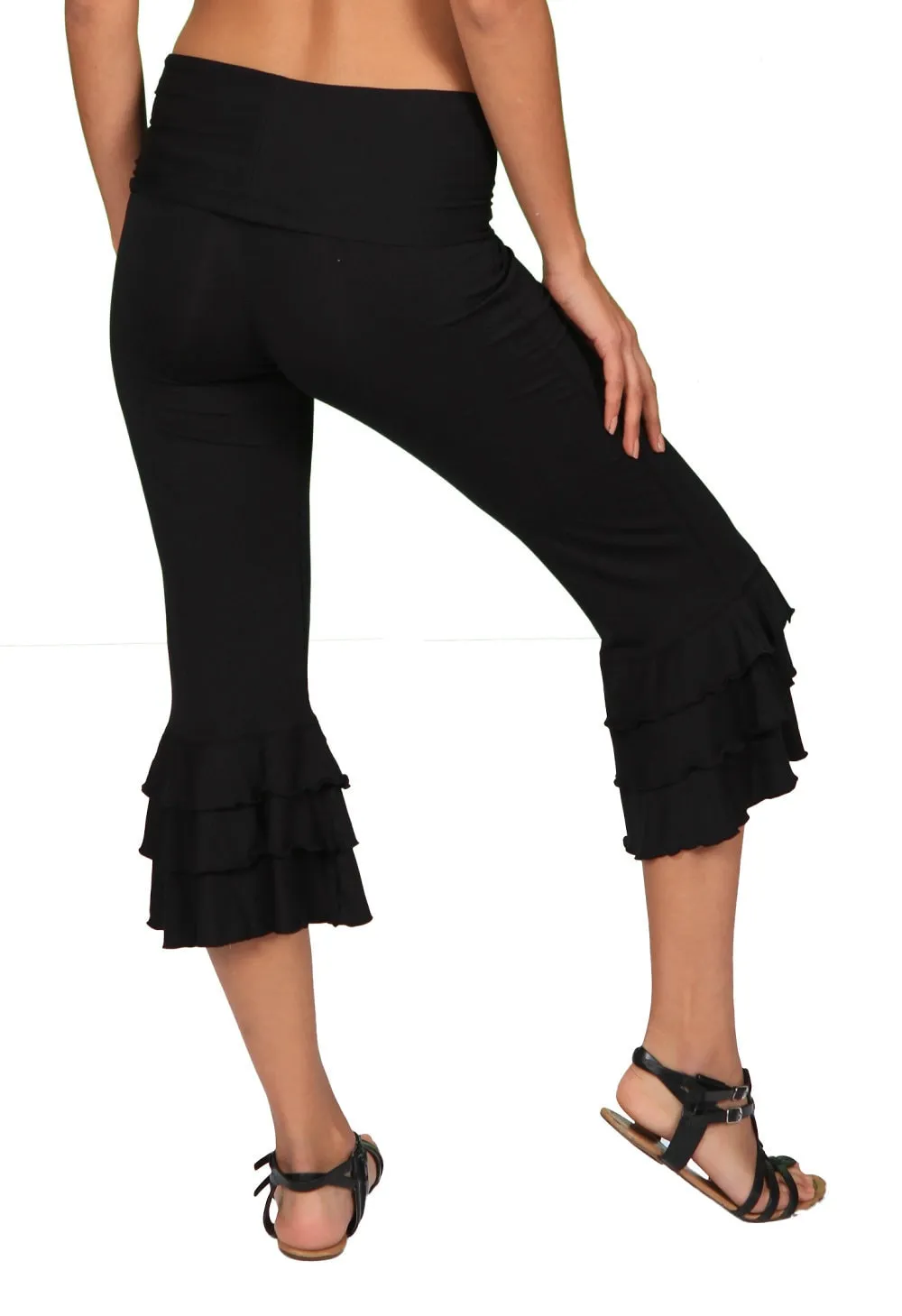 Ruffle Pants Bloomer Capri Yoga Pants in Black