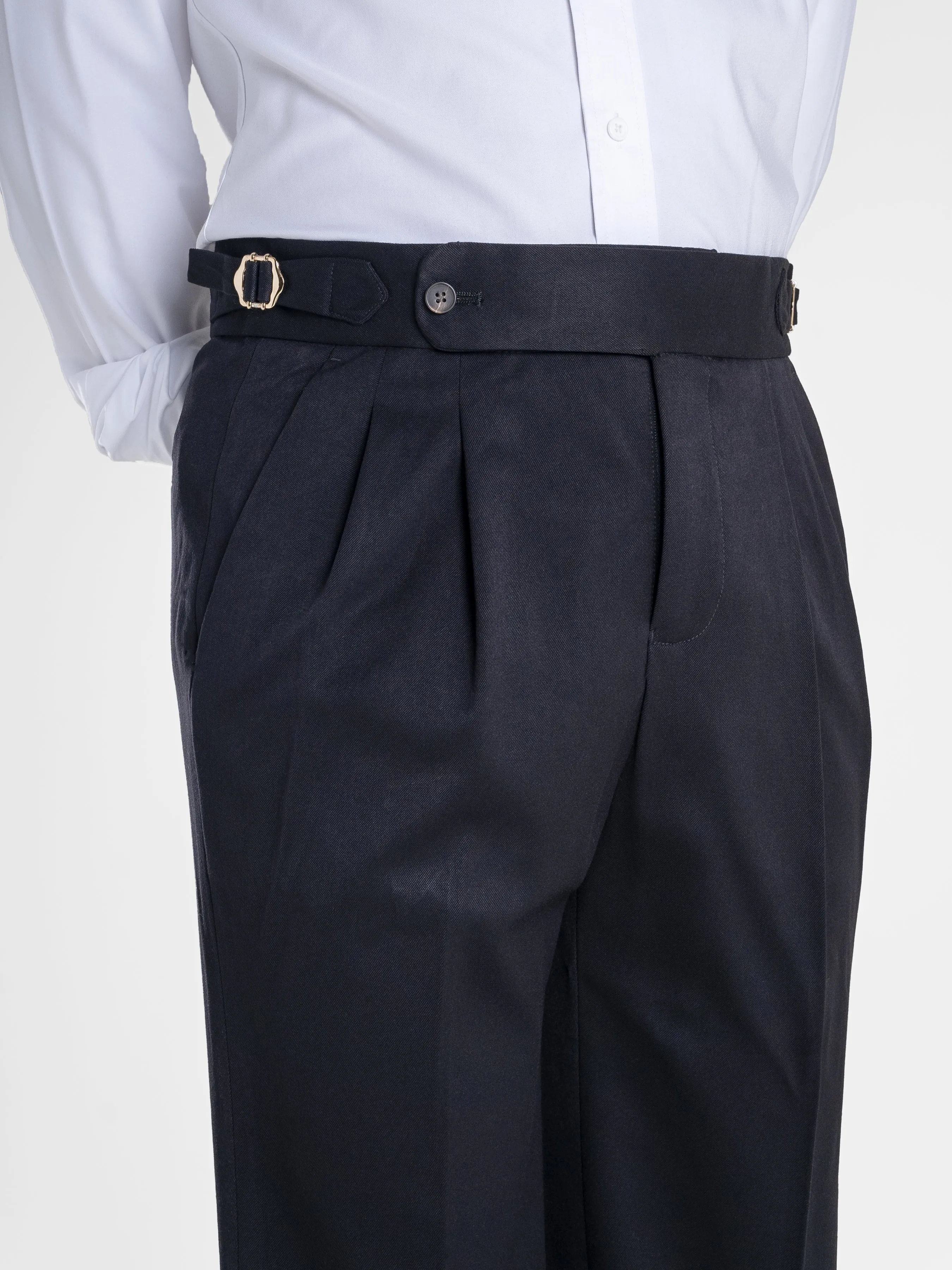 Trousers With Side Adjusters - Black Solid Cuffed (Stretchable)