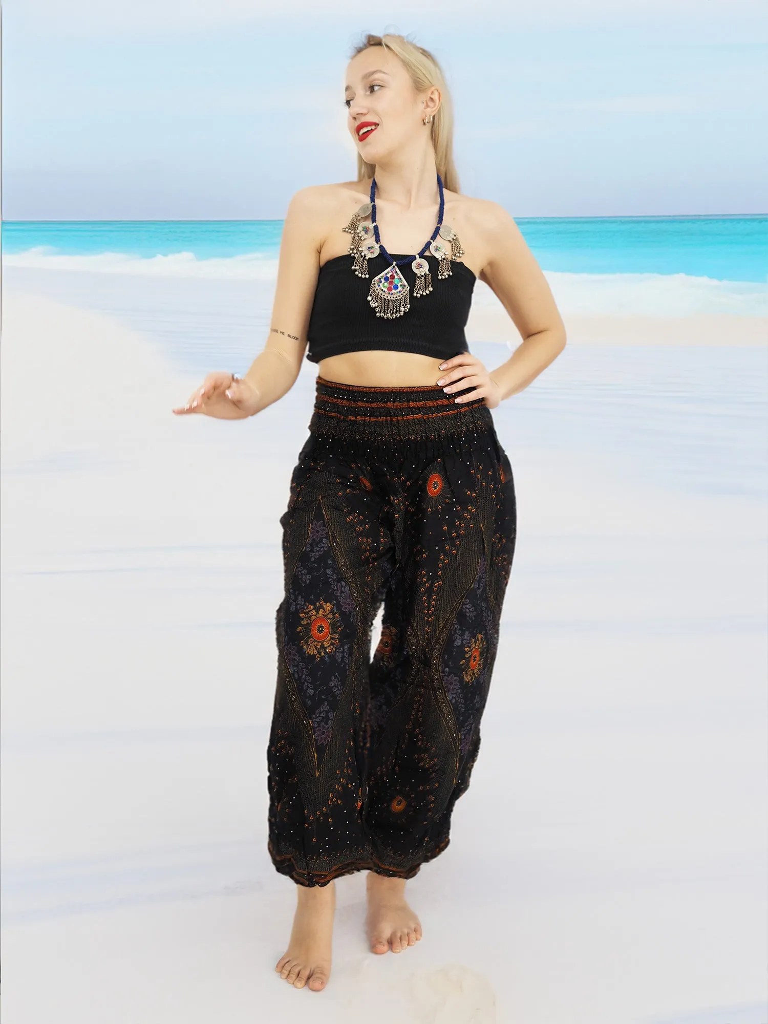 Unisex Harem Yoga Hippie Boho Pants in Black With Orange Red Flowers Tones Color L