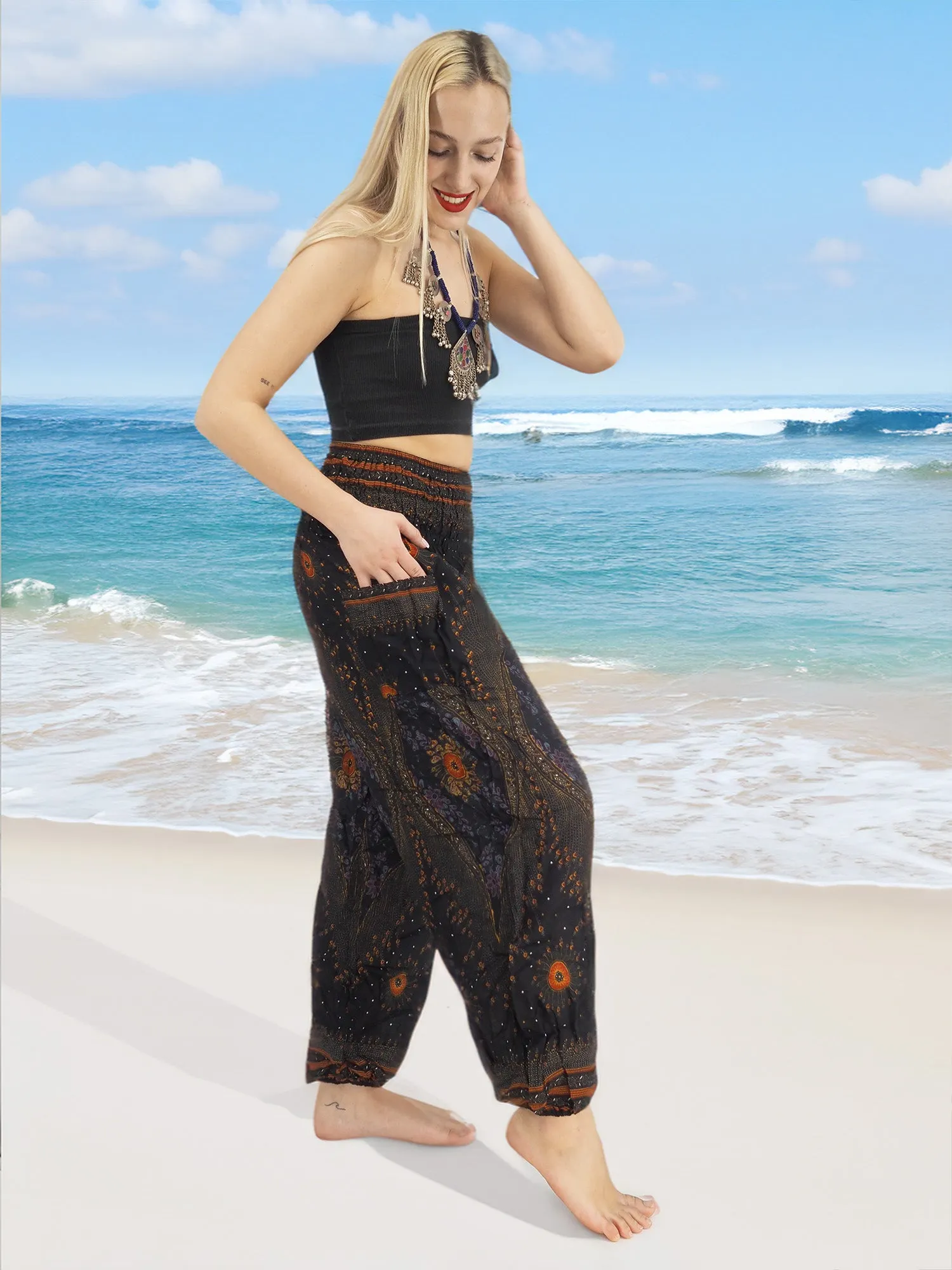 Unisex Harem Yoga Hippie Boho Pants in Black With Orange Red Flowers Tones Color L