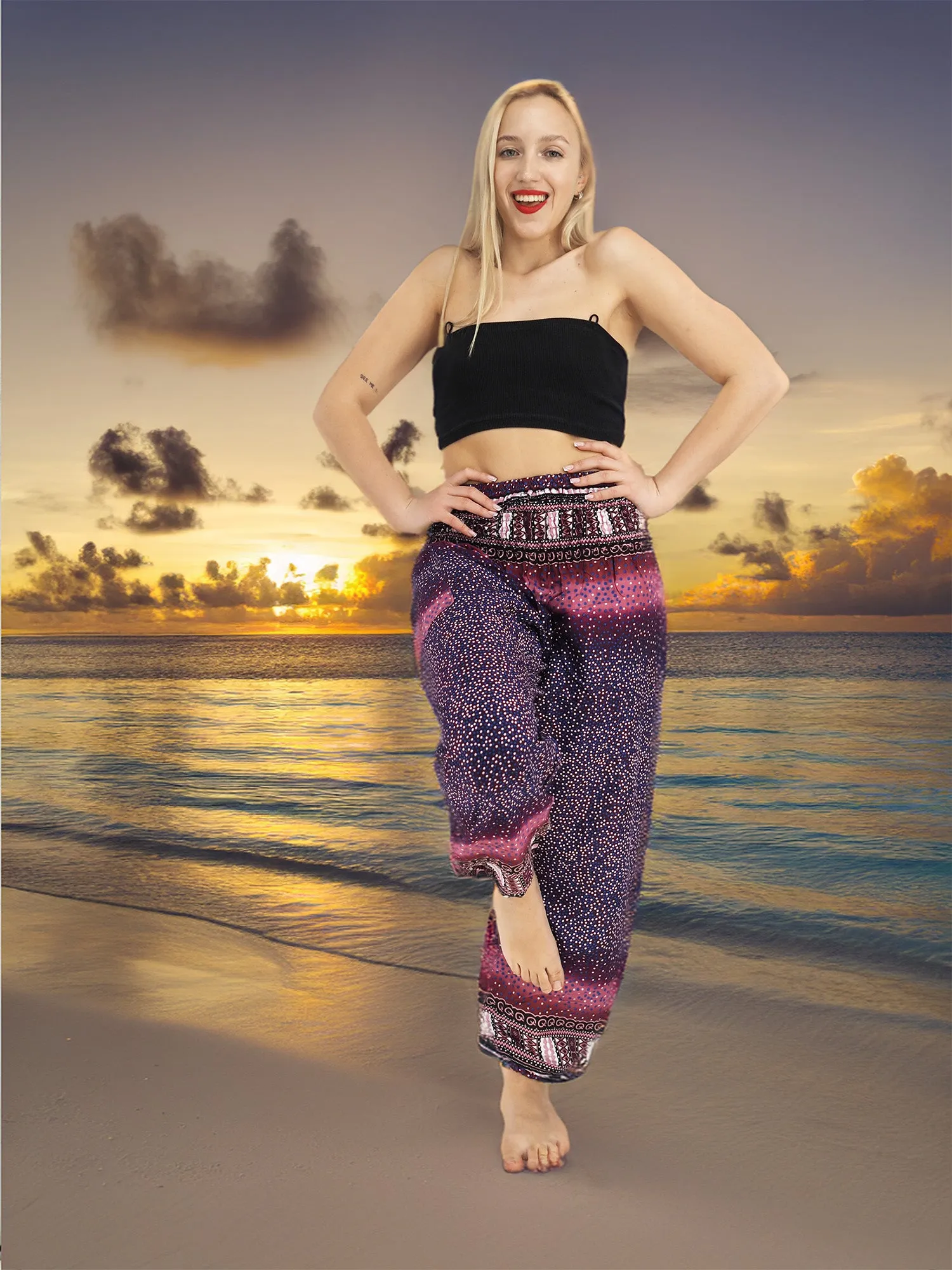 Unisex Harem Yoga Hippie Boho Pants in Purple With Pink Print M