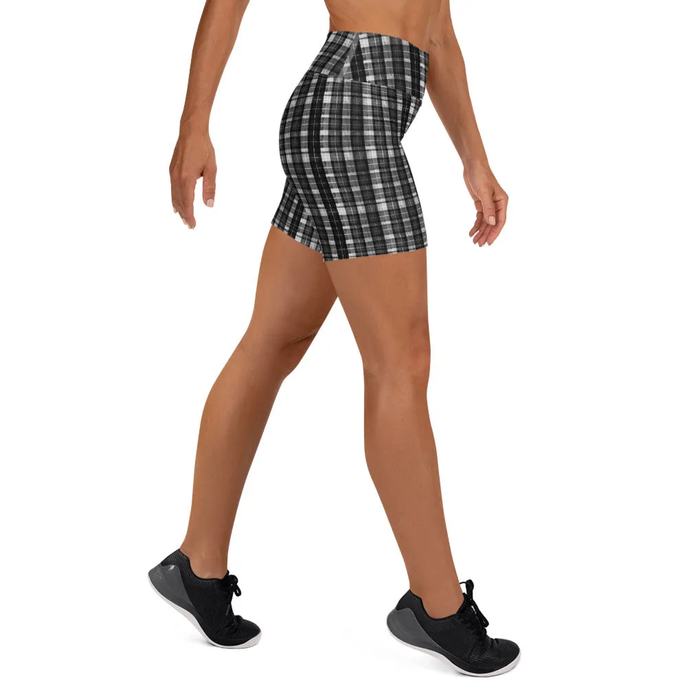 White Black Plaid Yoga Shorts, Tartan Scottish Women's Short Soft Tights-Made in USA/EU